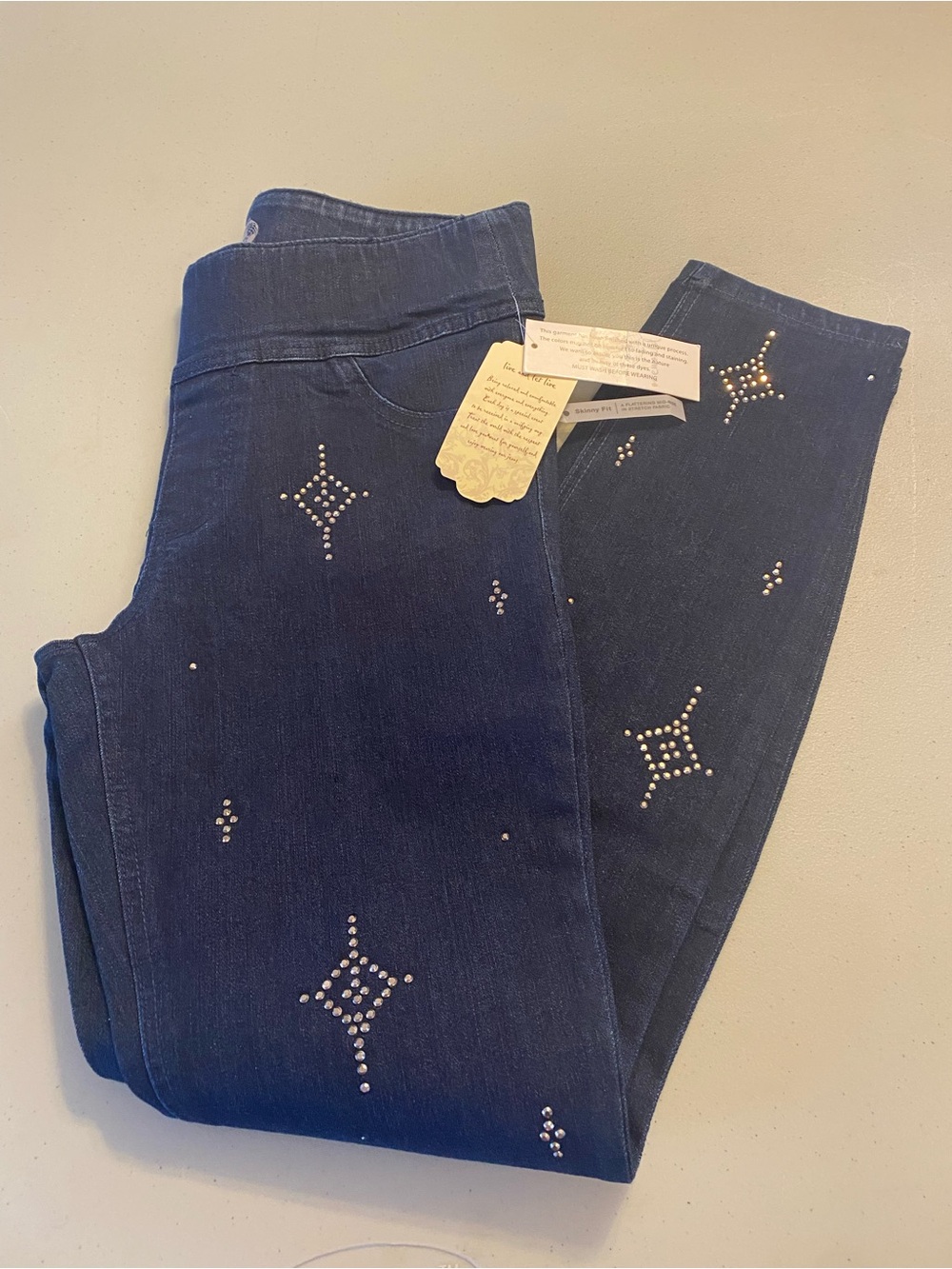 ONE WORLD Women's Navy Skinny Jeans with Rhinestone Star Accents